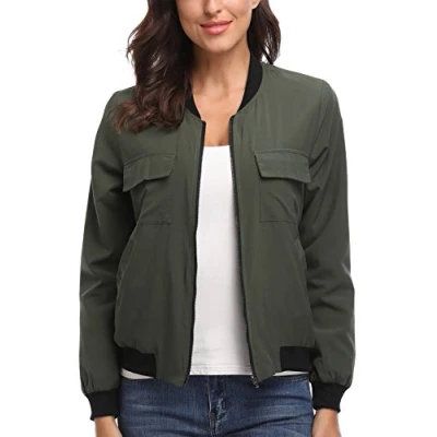 Image de MISS MOLY Femme Bombardier Veste Blouson Bomber Mode Longue Manche Fermeture Éclair Équipage Cou armée verte Medium