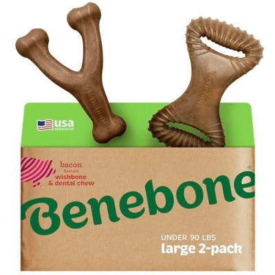 Image de Benebone Lot de 2 Jouets à mâcher pour Chien en Forme d&#039;os triangulation/dentaires durables, véritable Bacon, fabriqués aux États Unis, Taille L