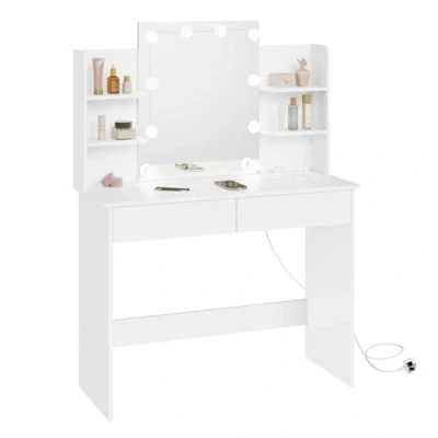 Image de WOLTU Coiffeuse avec Miroir LED, Prises de Courant, Table Maquillage Miroir, 2 Tiroirs et 4 Étagères, Blanc, 90x135x40 cm, MB6123ws