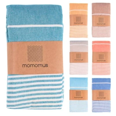 Image de MOMOMUS Fouta de Plage XXL Anti Sable, avec Franges et 100% Coton Grande Serviette sans Sable ou Grand Paréo Vert Mer, 210x240 cm