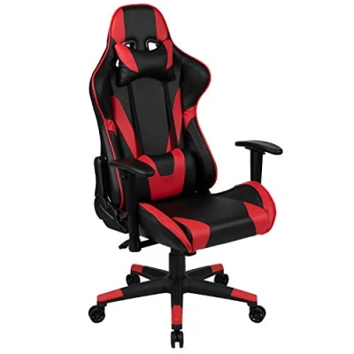 Image de Fauteuil de jeu Flash Furniture X20 entièrement inclinable en cuir souple style racing avec coussins lombaires, chaise d&#039;ordinateur pivotante rembourrée ergonomique, rouge/noir