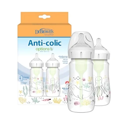 Image de Dr Brown&#039;s Lot de 2 biberons anti coliques à col large, 270 ml, motif océan