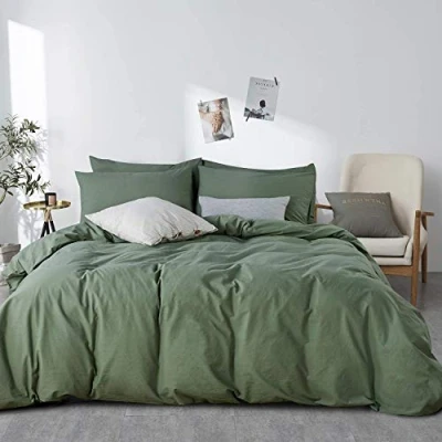 Image de Sedefen Housse de Couette 220 x 240 cm Vert Sauge Coton lavé Couleur Unie Parure Lit 2 Personnes avec Fermeture Éclair Aspect ridée Naturel Taie d&#039;oreiller 65x65