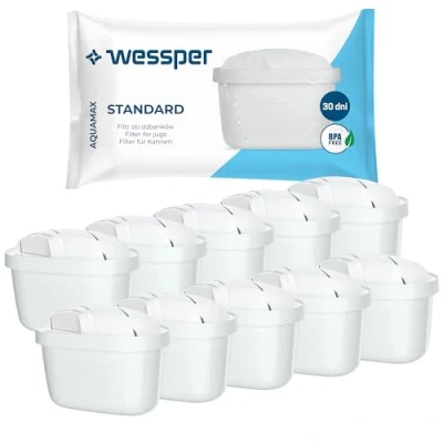 Image de Wessper Filtre à eau pour Brita Maxtra Plus, avec charbon actif et résine échangeuse d&#039;ions, Convient Marella, Carafe d&#039;eau (10 pièces)