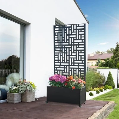 Image de casa.pro Jardinière Brise Vue avec 4 roulettes Dont 2 Freins Cloison de Séparation Paravent Bac à Fleurs Acier Galvanisé 190 x 82 38 cm Noir