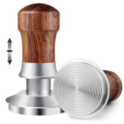 Image de HOLIHOKY Tamper 51 mm, Presse café à Pression de avec Fond ondulé en Acier Inoxydable 304, constante Double Ressort, poignée Bois pour Porte Filtre mm