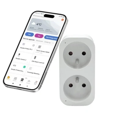Image de Konyks Priska Duo FR prise double Wi Fi + BT, contrôle ON/OFF à distance, suivi de la consommation des 2 appareils simultanément, compatible Smartlife et Tuya, Amazon Alexa Google Home