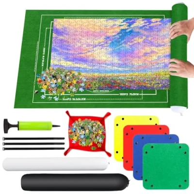 Image de RISVOWO Tapis de Puzzle, Puzzle Rouleau Feutre pour 1000 1500 Pièces, Rangement Portable, 66*116CM Roll Up Mat Voyage Sac Rangement(Vert)
