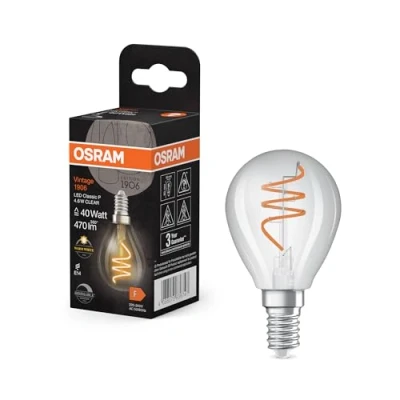 Image de OSRAM Vintage 1906 Classic est une blanc chaud à intensité variaben forme de mini bouavec un filament en spirale. Il propose 4,6 W pour 470 lm,E14, verre transparent, diamètre 45 mm, 2700 K.