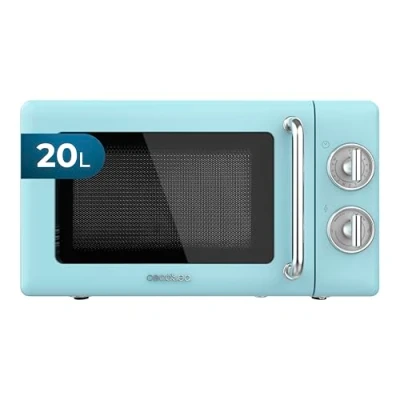 Image de Cecotec Micro Ondes Mécanique Proclean 3010 Retro Bleu. 20 L, 700 W en 6 niveaux, minuterie jusqu&#039;à 30 minutes, mode dégivrage, design vintage bleu, finitions acier.