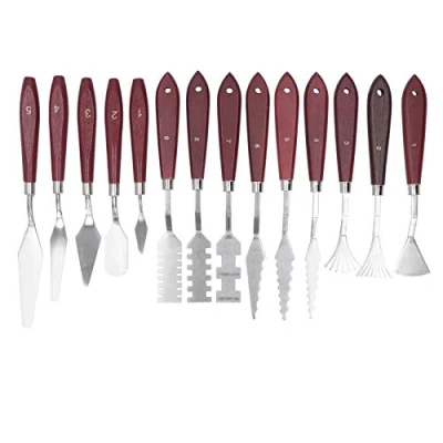 Image de 14pcs spatule de peinture, ensemble professionnel grattoir mélange peinture spatule, couteaux Palette poignée en bois, outils à l&#039;huile