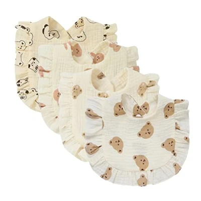 Image de Nishine 4 PACK Ensemble de bavoirs en mousseline solide pour bébés unisexe garçons filles coton ajustable dentition l&#039;alimentation baveuse(Set animalier)
