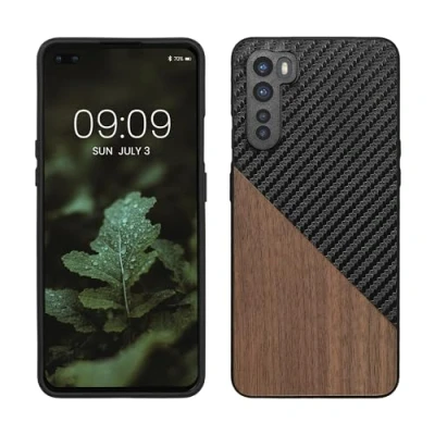 Image de kwmobile Coque Compatible avec OnePlus Nord Housse en Bois et Fibre Carbone Brun foncé Noir