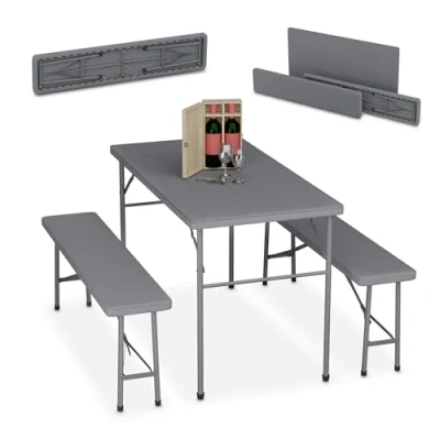 Image de Relaxdays Ensemble Table Pliante et 2 bancs, pour Jardin, pavillon ou Camping, 120 cm, Aspect rotin, Gris