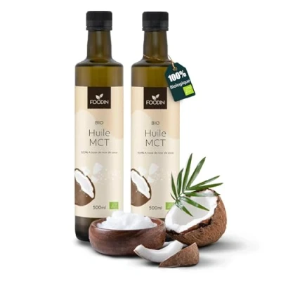 Image de FOODIN Huile MCT BIO 1000 ml à base d&#039;huile de noix coco, triglycérides chaîne moyenne (MCT), fabriquée partir coco produite, 100% sans gluten et végétalienne, 2 x 500 ml, idéale