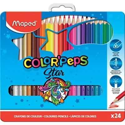Image de Maped Crayons de Couleur Color&#039;Peps 24 Couleurs Vives Crayon Triangulaire Ergonomique Conforme à la Réglementation des Jouets Grande Boîte Métal en Bois