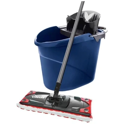 Image de Vileda Ultramat Kit complet de nettoyage sol, 2 en 1, composé balai à plancher et seau avec essoreur PowerPress intégré, 1400 g, bleu foncé, 29,5 x 45 28,5 cm