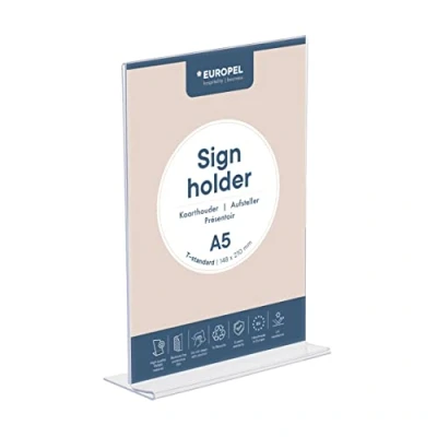 Image de EUROPEL Présentoir de table, T Standard, format A5, Portrait, double face pour affiche, menu, brochure, restaurants, hôtels, conférence et réception