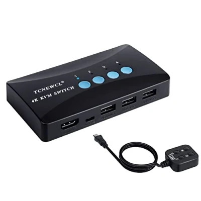 Image de TCNEWCL 4K Commutateur KVM Switch 4 Port, HDMI USB pour Brancher Max PC sur 1 Écran et 3 Périphériques USB, avec Contrôleur de Bureau Câbles 2 en