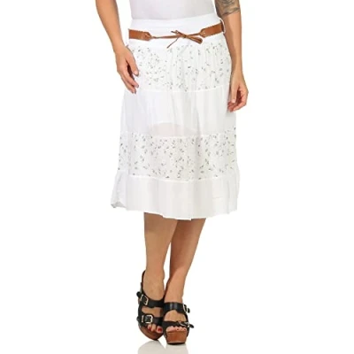 Image de Zarmexx Femmes Jupe mi Longue Coton d&#039;été au Genou ceinturée en à Volants Tissu A Line (Une Taille, 38 42)