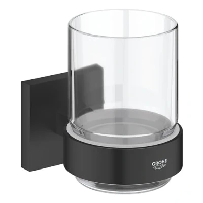 Image de GROHE Start Cube Verre en Cristal avec Support pour Salle de Bain, Fixations Cachées, A Coller QuickGlue ou à Visser, Noir Mat, 410972430