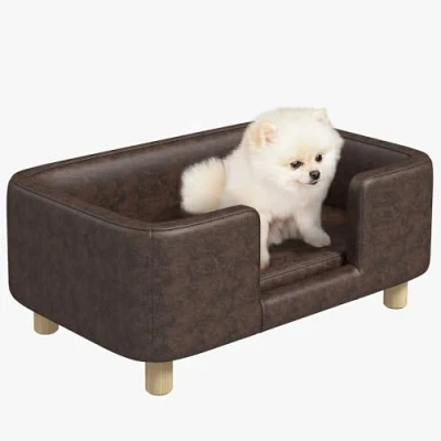 Image de PawHut Canapé Chien lit pour Chat avec Rebord Coussin Moelleux Pieds Bois Massif dim. 74 x 48,5 31 cm revêtement Micro Fibre Chocolat