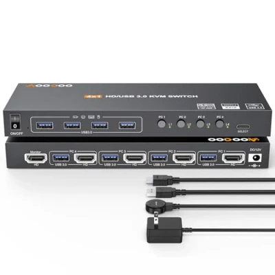 Image de commutateur KVM HDMI 4K@60Hz/2K@120Hz, pour 4 ordinateurs partageant 1 moniteur et périphériques USB3.0, télécommande filaire câble USB inclus