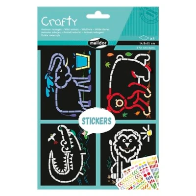 Image de Maildor AF037C Kit créatif enfant Crafty 3 planches de GOMMETTES + 4 DÉCORS FOND NOIR 14,8x21 cm ANIMAUX SAUVAGES