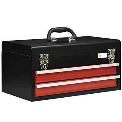 Image de Mallette à outils DURHAND vide, 46 x 24 22 cm Boîte avec 2 tiroirs, compartiment de rangement supérieur, poignée, caisse serrures, en acier, noir+rouge
