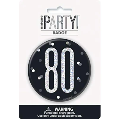 Image de Unique Party 83513 Badge 80e Anniversaire 7,5 cm Fête d&#039;Anniversaire à thème Noir et Argent Glitz