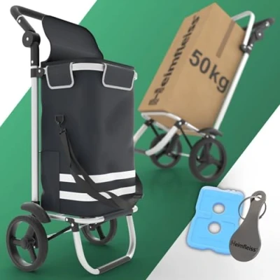 Image de Heimfleiss® Chariot de Courses Pliable 56L Caddie Pliant avec 50kg Charge Utile Sac Léger à roulettes Shopping XL Compartiment Isotherme Noir