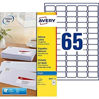 Image de Avery Pochette de 975 Mini Étiquettes Adresses Blanches 38,1 x 21,2 mm Jet d&#039;Encre (J8651 15)