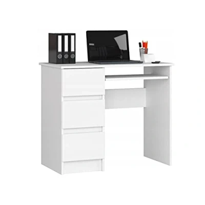 Image de BDW Table d&#039;ordinateur Blanche avec 3 tiroirs sur Le côté Gauche et Un tiroir Coulissant pour Clavier. Bureau Ordinateur de ou Portable, 90x77x50