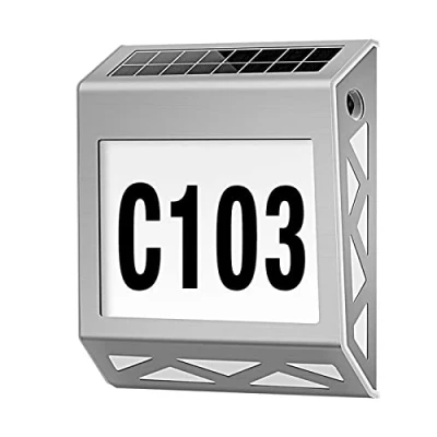 Image de numero de maison exterieur solaire LED Numéro en acier inoxydable IP54 étanche Plaque lumineux avec numéros 0 9 et lettres A E