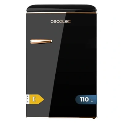 Image de Cecotec Mini Frigo Réfrigérateur Rétro Bolero CoolMarket TT Origin 110 Noir E. avec une capacité de 110L, Classe E, Icebox, LED intérieur, Poignée Chromée, Plateaux en Verre