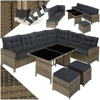 Image de TecTake Salon de Jardin en Rotin Modulable 1 Canapé Exterieur d’Angle Table 2 Tabouret Pouf Mobilier pour Amenagement Balcon et Terrasse Marron Naturel