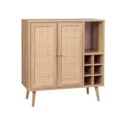 Image de sweeek Buffet Range Bouteilles Portes en cannage et décor Bois avec casiers. Haut. vaisselier. 83cm