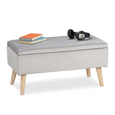 Image de Relaxdays Banc siège avec Espace de Rangement, Housse Velours, 40 l, Pieds, entrée, Caisse,41x80x40cmgris Clair, Bois, Tissu, Mousse, Gris, 1 élément