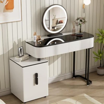 Image de WOLTU Coiffeuse avec Miroir LED, 3 Couleurs, Table de Maquillage Plateau en Verre Trempé, Moderne Tiroirs, 1 Armoire, Assemblage Flexible, 100x40 cm, Blanc+Noir, MB6110wsz