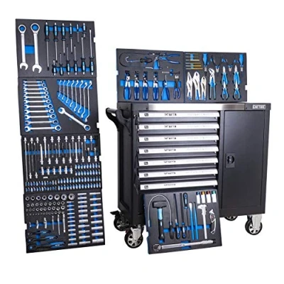 Image de DeTec. 1077 Heavy Duty Chariot d&#039;atelier 7/7 tiroirs remplis d&#039;outils avec insert en carbone bleu (chariot à outils roulettes Équipé Format XXL