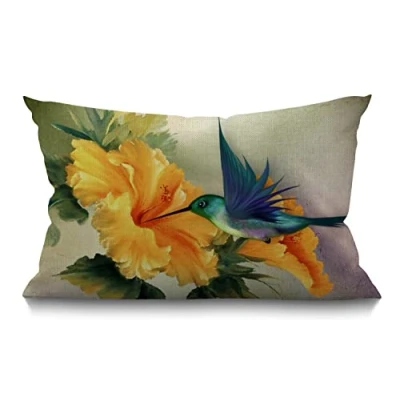 Image de BGBDEIA Housse de coussin rectangulaire en coton et lin avec motif colibri, oiseaux feuilles printanières, pour canapé, décoration d&#039;intérieur, 30 x 50 cm