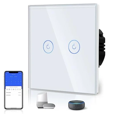 Image de BSEED Interrupteur Connecté Intelligent 2 Gang 1 Voie Tactile (Ligne Neutre Requise) WiFi de Verre 86mm Blanc