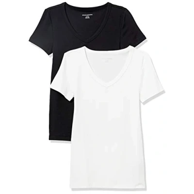 Image de Amazon Essentials T Shirt Col en v à Manches Courtes Coupe Ajustée Femme, Lot de 2, Noir/Blanc, L