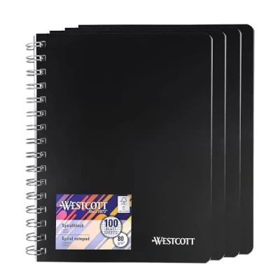 Image de Westcott Lot de 4 carnets à spirales A5 quadrillés 200 pages Format perforé avec papier qualité supérieure 80 g/m² Bloc notes reliure spirale Carnet collège dans une