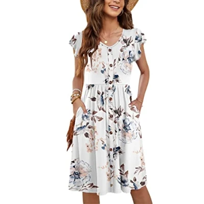 Image de MOLERANI Robe d&#039;été décontractée sans Manches V Cou Décontracté Swing Taille élastique avec Poche De Midi pour Les Femmes Fleurs Blanches XL