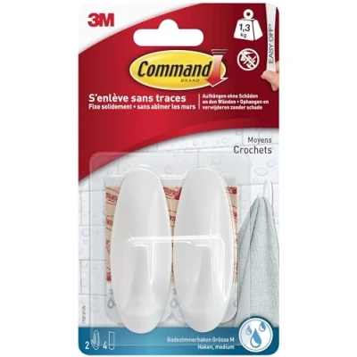 Image de Command Crochets Design en Plastique pour Salle de Bain Lot 2 et 4 Bandes Résistantes à l&#039;Eau, Supporte jusqu&#039;à 1,8 kg Sans Outils Fixation Dommages