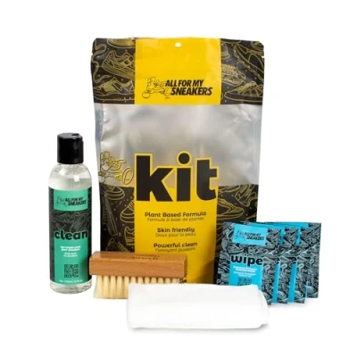 Image de ALL FOR MY SNEAKERS Kit de nettoyage premium pour baskets, avec brosse, flacon (170 ml), chiffon en microfibre et 4 wipes (lingettes) bonus