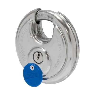 Image de ABUS Cadenas Diskus 24IB/70 en acier inoxydable avec protection circulaire de 360 résistant aux intempéries 02050 Niveau sécurité 8 Argent/Bleu