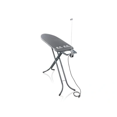 Image de Leifheit Table à Repasser Noire Air Board M Black Plus, de Repassage 120 x 38 cm avec Housse Thermo Reflect, Planche Ajustable Repose Fer Fixe, Guide Fil et Prise électrique