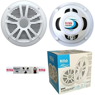 Image de KIT Set for Boss Audio Systems MR6W 2 Double Cone Marine Speakers 6.5&quot; 16.50 cm 90 Watt rms 180 Max Waterproof White, per Pair + 5 Free Stickers